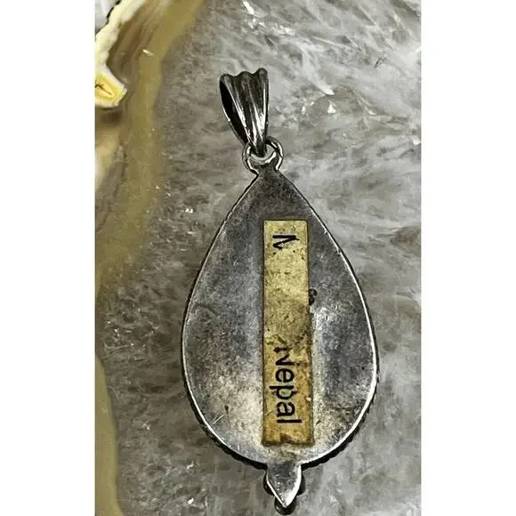 VTG 925 Sterling Nepal Silver Dark Green Malachite Stone Teardrop Pendant 5.5g - Picture 4 of 9